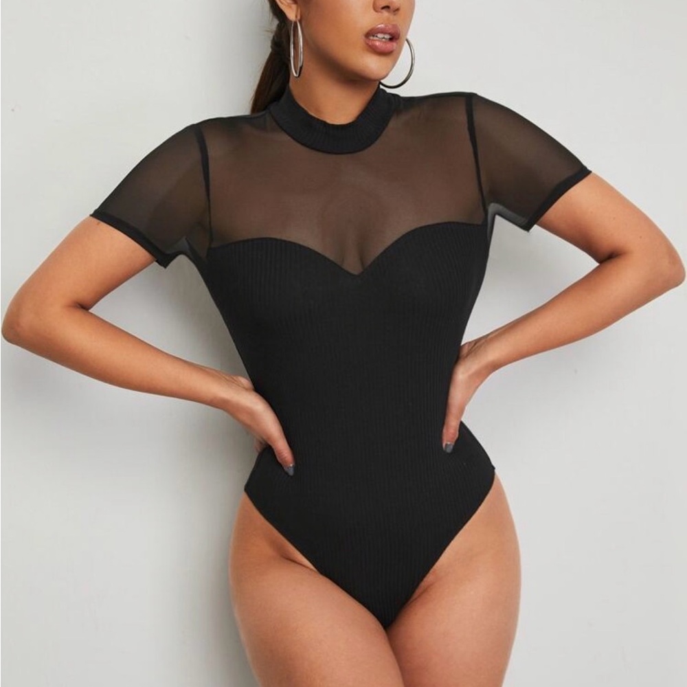 SHEIN Black Mesh Detail Short Sleeve Bodysuit